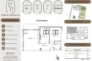 Rzut - Mieszkanie na sprzedaż 3 pokoje o powierzchni 76,1 m² - numer B1.2_1 w Perła Północy etap 2