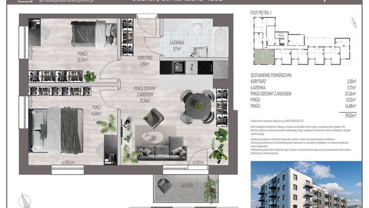 Rzut - Mieszkanie na sprzedaż 3 pokoje o powierzchni 59,04 m² - numer M.C.14 w Cichy Zakątek