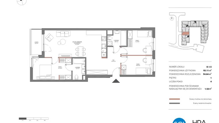 Rzut - Mieszkanie na sprzedaż 4 pokoje o powierzchni 94,64 m² - numer D.1.5 w Łopuszańska 47 - etap 2