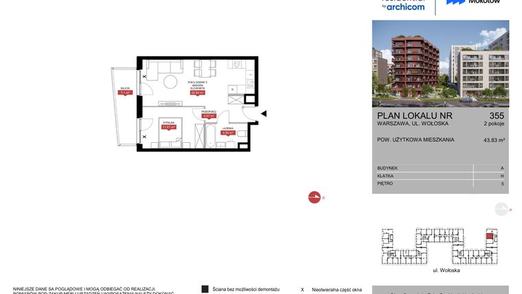 Rzut - Mieszkanie na sprzedaż 2 pokoje o powierzchni 43,83 m² - numer A.355 w Modern Mokotów