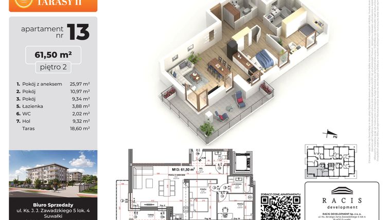 Rzut - Mieszkanie na sprzedaż 3 pokoje o powierzchni 61,5 m² - numer 13 w Słoneczne Tarasy II