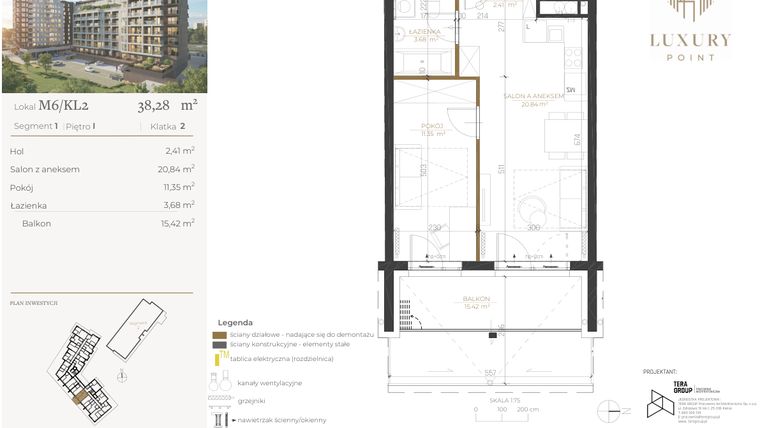 Rzut - Mieszkanie na sprzedaż 2 pokoje o powierzchni 38,28 m² - numer M6/KL2 w LUXURY POINT