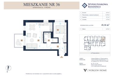 Rzut - Mieszkanie na sprzedaż 2 pokoje o powierzchni 41,16 m² - numer 36 w Wypoczynkowa Residence