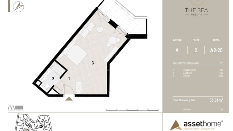 Rzut - Mieszkanie na sprzedaż 1 pokój o powierzchni 35,61 m² - numer A2-25 w The Sea Resort Międzyzdroje