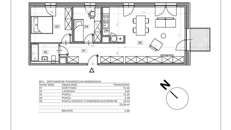 Rzut - Mieszkanie na sprzedaż 3 pokoje o powierzchni 70,09 m² - numer J.M12 w Osiedle Glivia Zachodnia
