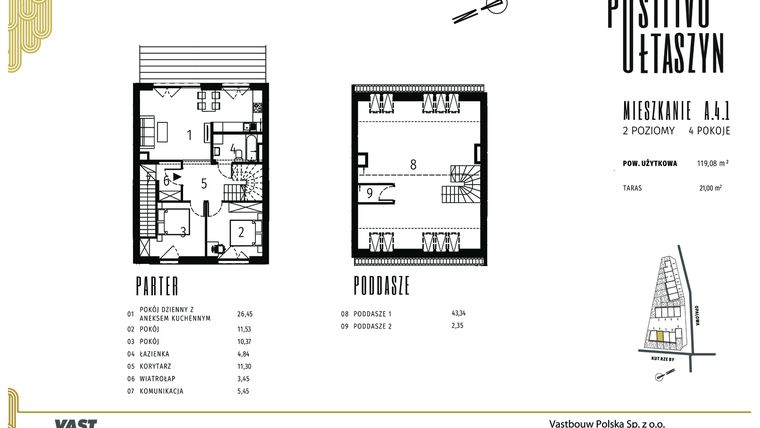 Rzut - Mieszkanie na sprzedaż 5 pokoi o powierzchni 119,08 m² - numer A.4.1 w Positivo Ołtaszyn