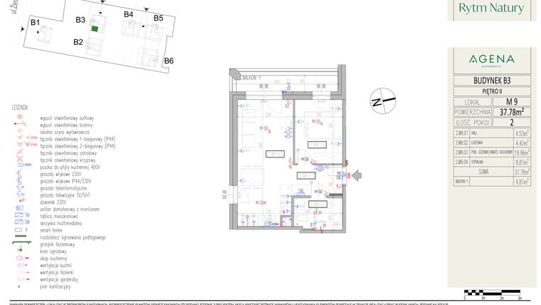 Rzut - Mieszkanie na sprzedaż 2 pokoje o powierzchni 37,78 m² - numer B3M9 w Rytm Natury