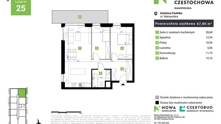 Rzut - Mieszkanie na sprzedaż 3 pokoje o powierzchni 67,86 m² - numer E25 w Nowa Częstochowa Małopolska etap II