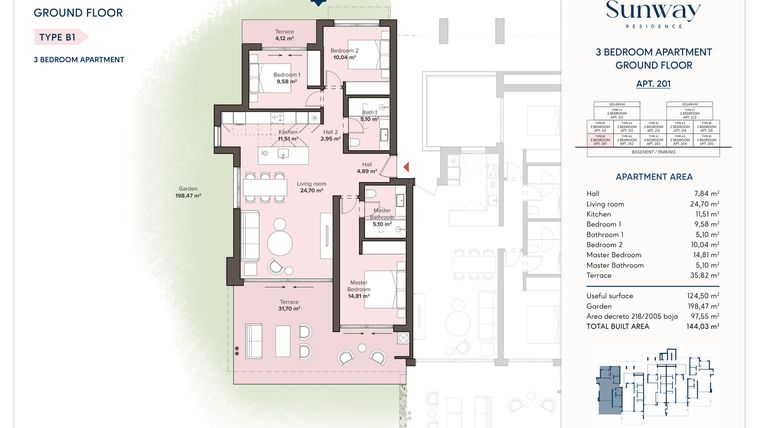 Rzut - Mieszkanie na sprzedaż 3 pokoje o powierzchni 124,5 m² - numer 201 w Sunway