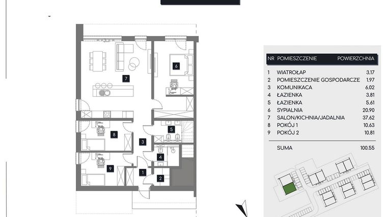 Rzut - Mieszkanie na sprzedaż 3 pokoje o powierzchni 100,55 m² - numer M8A w Rudava Park