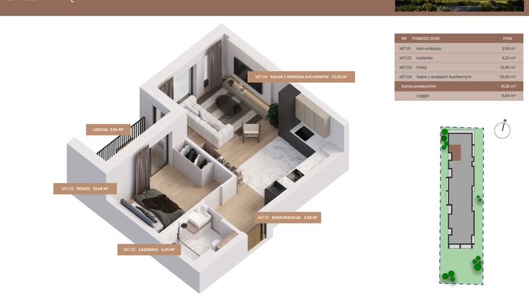Rzut - Mieszkanie na sprzedaż 2 pokoje o powierzchni 41,26 m² - numer 17 w Apartamenty Częstochowska