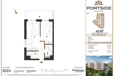 Rzut - Mieszkanie na sprzedaż 2 pokoje o powierzchni 39,48 m² - numer A2.07 w Portside Bałtycka