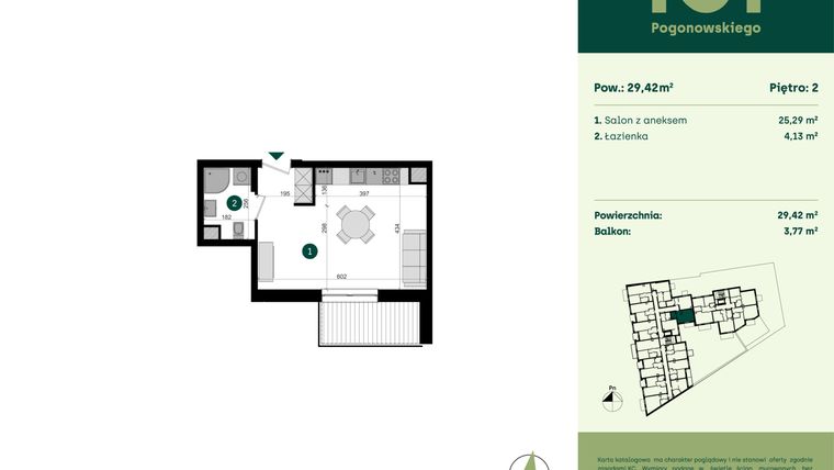 Rzut - Mieszkanie na sprzedaż 1 pokój o powierzchni 29,42 m² - numer POGO2/A/3M w Pogonowskiego 52