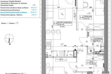 Rzut - Mieszkanie na sprzedaż 3 pokoje o powierzchni 56,89 m² - numer 65B w Osiedle Młodych etap X