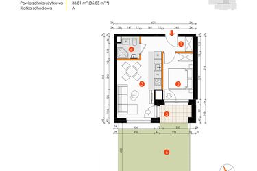 Rzut - Mieszkanie na sprzedaż 2 pokoje o powierzchni 33,81 m² - numer A.1.2 w Platanowy Park etap IV