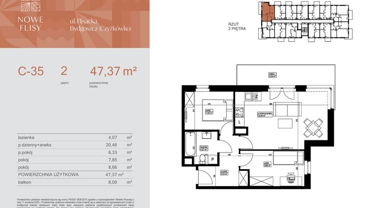 Rzut - Mieszkanie na sprzedaż 3 pokoje o powierzchni 47,37 m² - numer M35_NF.c w Nowe Flisy II