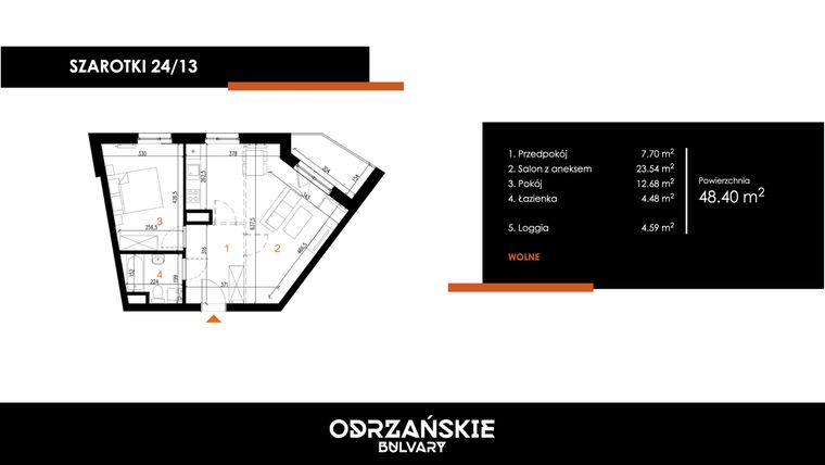 Rzut - Mieszkanie na sprzedaż 2 pokoje o powierzchni 48,4 m² - numer 24/13 w Odrzańskie Bulvary
