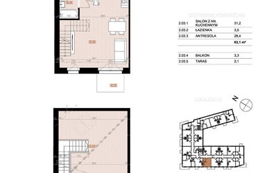 Rzut - Mieszkanie na sprzedaż 2 pokoje o powierzchni 63,1 m² - numer 203 w Szczecińska 20