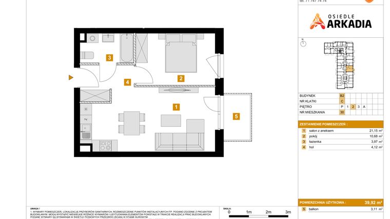 Rzut - Mieszkanie na sprzedaż 2 pokoje o powierzchni 39,92 m² - numer 30 w Osiedle Arkadia