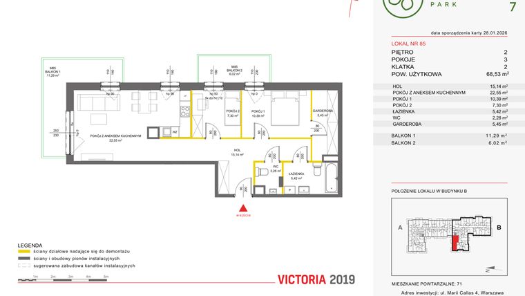 Rzut - Mieszkanie na sprzedaż 3 pokoje o powierzchni 68,54 m² - numer 85 w Olchowy Park VII
