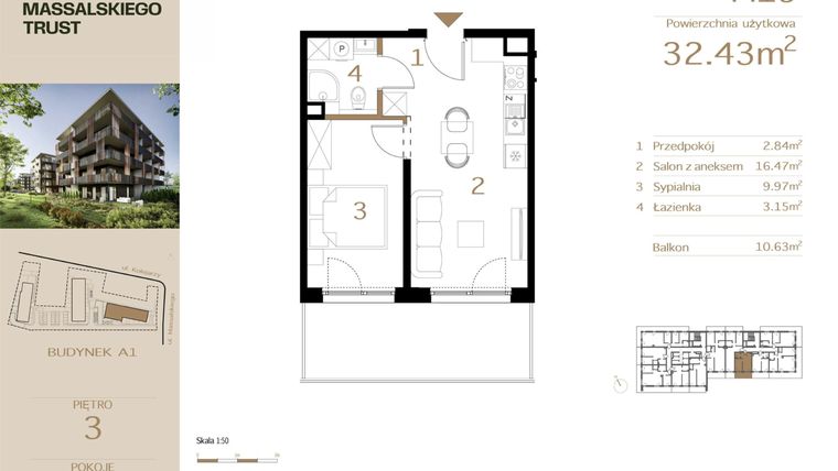 Rzut - Mieszkanie na sprzedaż 2 pokoje o powierzchni 32,43 m² - numer M19 w Massalskiego Trust
