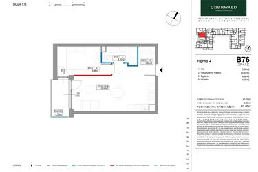 Rzut - Mieszkanie na sprzedaż 2 pokoje o powierzchni 41,28 m² - numer B076 w Grunwald Między Drzewami etap II