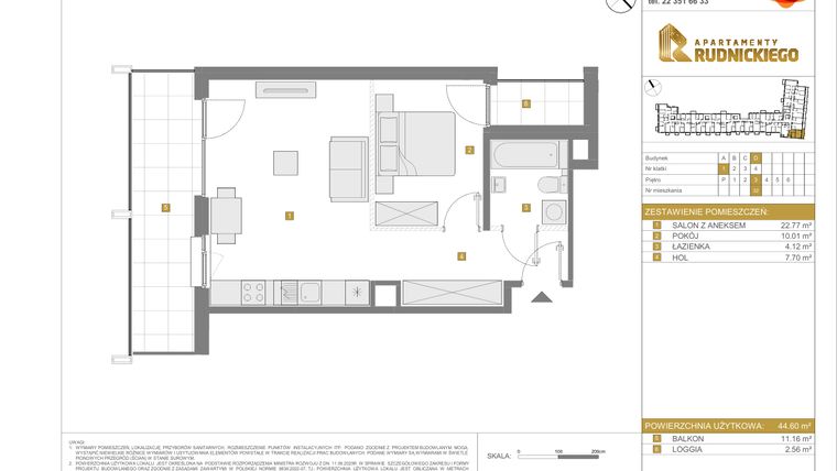 Rzut - Mieszkanie na sprzedaż 2 pokoje o powierzchni 44,6 m² - numer D.32 w Apartamenty Rudnickiego