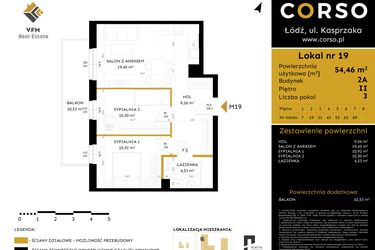 Rzut - Mieszkanie na sprzedaż 3 pokoje o powierzchni 54,46 m² - numer 2A.19 w Corso etap 2