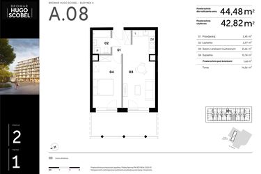 Rzut - Mieszkanie na sprzedaż 2 pokoje o powierzchni 44,48 m² - numer A.08 w Browar HUGO SCOBEL