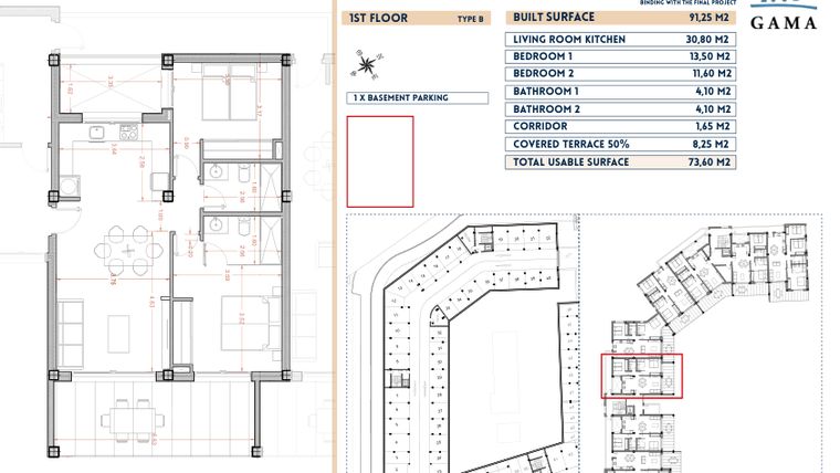 Rzut - Mieszkanie na sprzedaż 2 pokoje o powierzchni 91,25 m² - numer 11 w Velapi II - Murcia