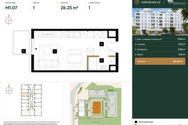 Rzut - Mieszkanie na sprzedaż 1 pokój o powierzchni 26,25 m² - numer 2.M1.07 w Wierzbowa 20