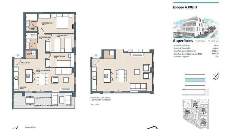 Rzut - Mieszkanie na sprzedaż 3 pokoje o powierzchni 96 m² - numer 1-A w Apartamenty w Benicasim - 40302107
