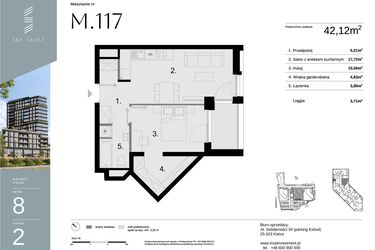 Rzut - Mieszkanie na sprzedaż 2 pokoje o powierzchni 42,12 m² - numer M117 w Sky Trust etap II