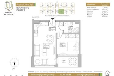 Rzut - Mieszkanie na sprzedaż 2 pokoje o powierzchni 49,82 m² - numer M12 w Ogrody Reymonta