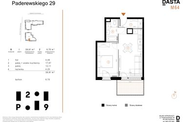 Rzut - Mieszkanie na sprzedaż 2 pokoje o powierzchni 38,81 m² - numer B64 w Paderewskiego 29