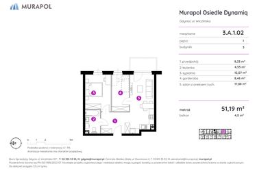 Rzut - Mieszkanie na sprzedaż 2 pokoje o powierzchni 51,19 m² - numer 3.A.1.02 w Murapol Osiedle Dynamiq