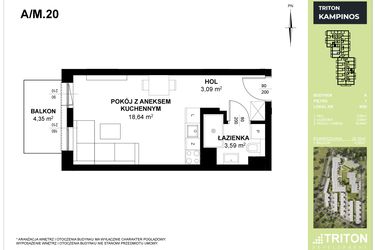 Rzut - Mieszkanie na sprzedaż 1 pokój o powierzchni 25,32 m² - numer A_M20 w Triton Kampinos III