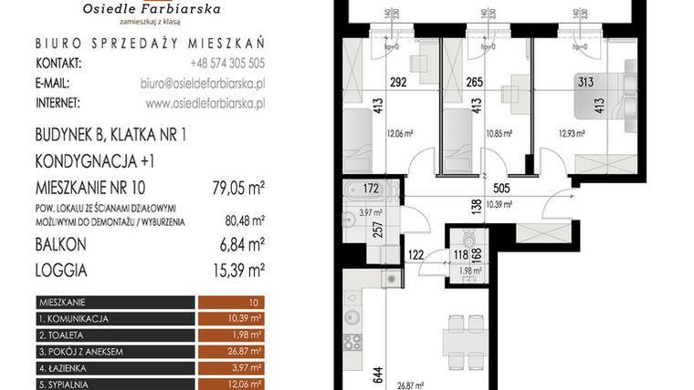 Rzut - Mieszkanie na sprzedaż 4 pokoje o powierzchni 79,05 m² - numer 10B w Osiedle Farbiarska II