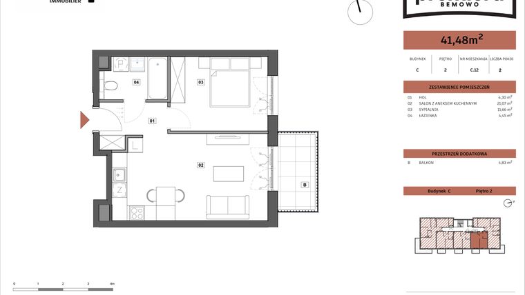 Rzut - Mieszkanie na sprzedaż 2 pokoje o powierzchni 41,48 m² - numer C.12 w Premiera Bemowo