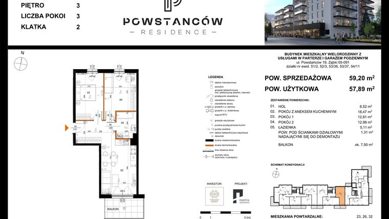 Rzut - Mieszkanie na sprzedaż 3 pokoje o powierzchni 59,2 m² - numer 29 w Powstańców Residence