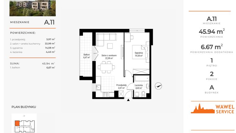 Rzut - Mieszkanie na sprzedaż 2 pokoje o powierzchni 45,94 m² - numer A.11 w Nowa Namiarkowa