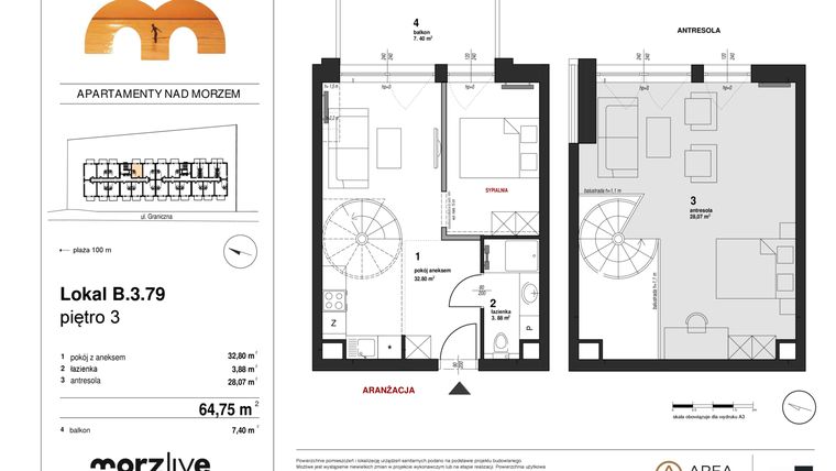Rzut - Mieszkanie na sprzedaż 2 pokoje o powierzchni 64,75 m² - numer B.3.79 w Morzlive