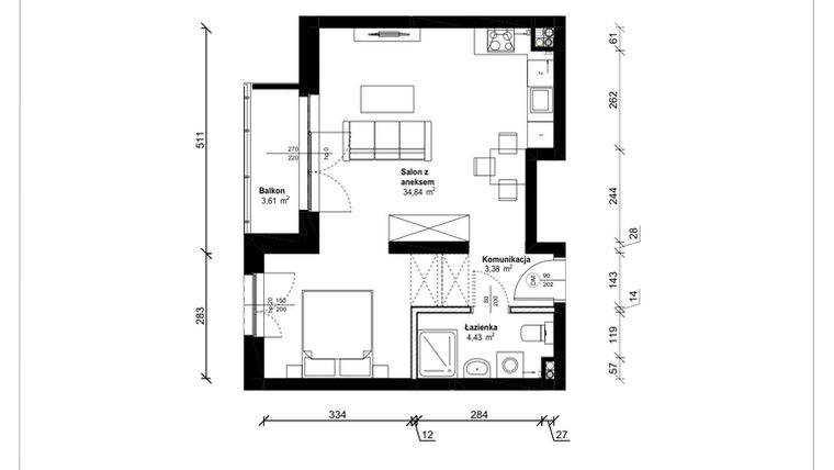 Rzut - Mieszkanie na sprzedaż 1 pokój o powierzchni 42,65 m² - numer B.1.21.1a w ATRIUM
