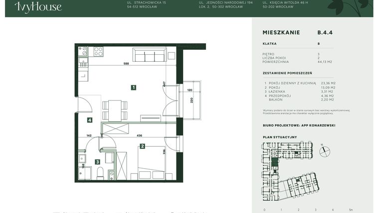 Rzut - Mieszkanie na sprzedaż 2 pokoje o powierzchni 43,13 m² - numer B.4.4 w IVY HOUSE
