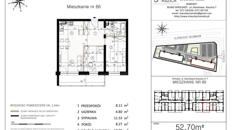Rzut - Mieszkanie na sprzedaż 3 pokoje o powierzchni 52,7 m² - numer M66 w Staszica