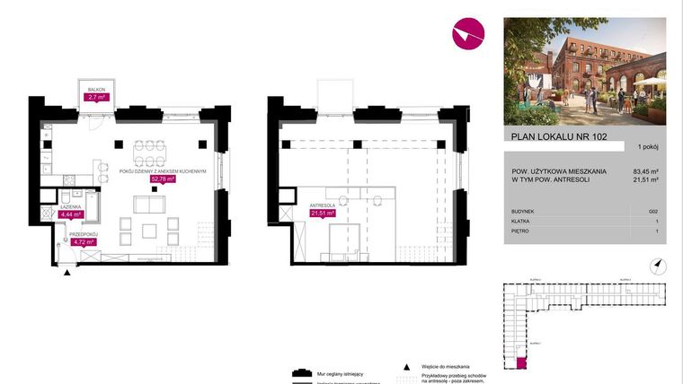 Rzut - Mieszkanie na sprzedaż 1 pokój o powierzchni 83,45 m² - numer G2.102 w Fuzja Lofty