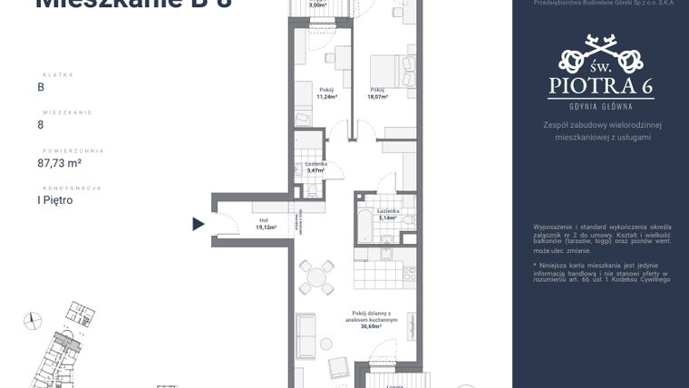 Rzut - Mieszkanie na sprzedaż 3 pokoje o powierzchni 87,73 m² - numer B8 w Św. Piotra
