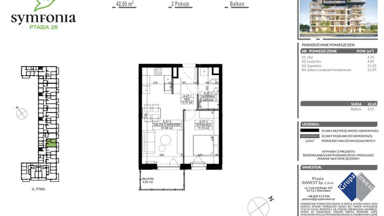 Rzut - Mieszkanie na sprzedaż 2 pokoje o powierzchni 42,65 m² - numer A.27 w Symfonia Ptasia 28