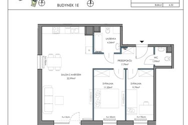 Rzut - Mieszkanie na sprzedaż 3 pokoje o powierzchni 68,45 m² - numer 1E.14B w Osiedle Horizon