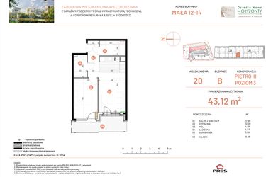 Rzut - Mieszkanie na sprzedaż 2 pokoje o powierzchni 43,12 m² - numer 12.20 w Osiedle Nowe Horyzonty etap III